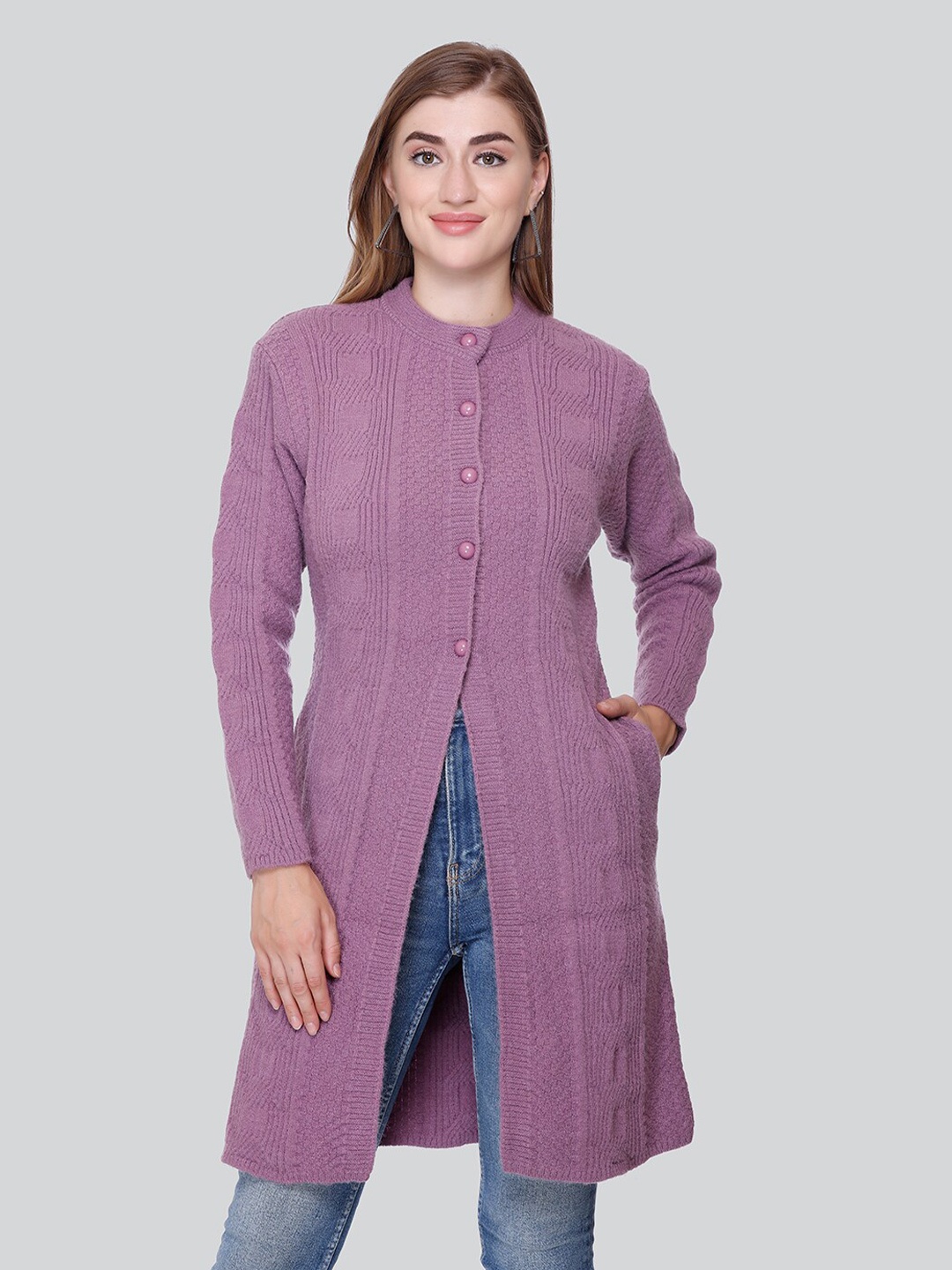 

Winter Wonders Cable Knit Woollen Longline Cardigan, Purple
