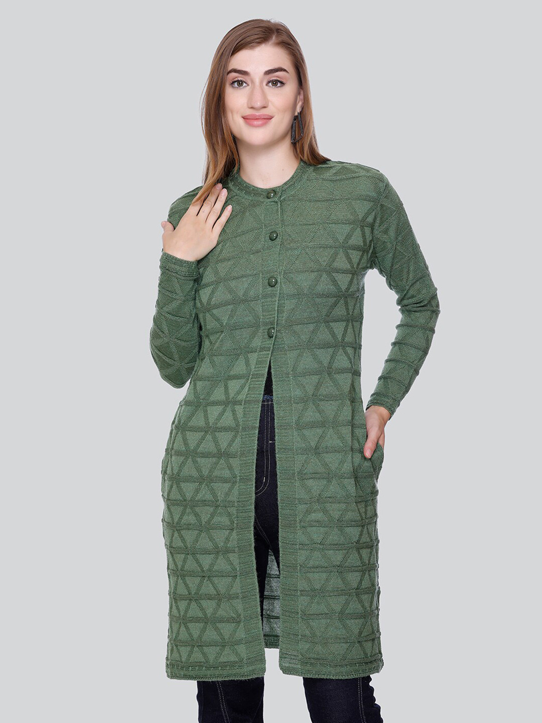 

Winter Wonders Cable Knit Woollen Longline Cardigan, Green