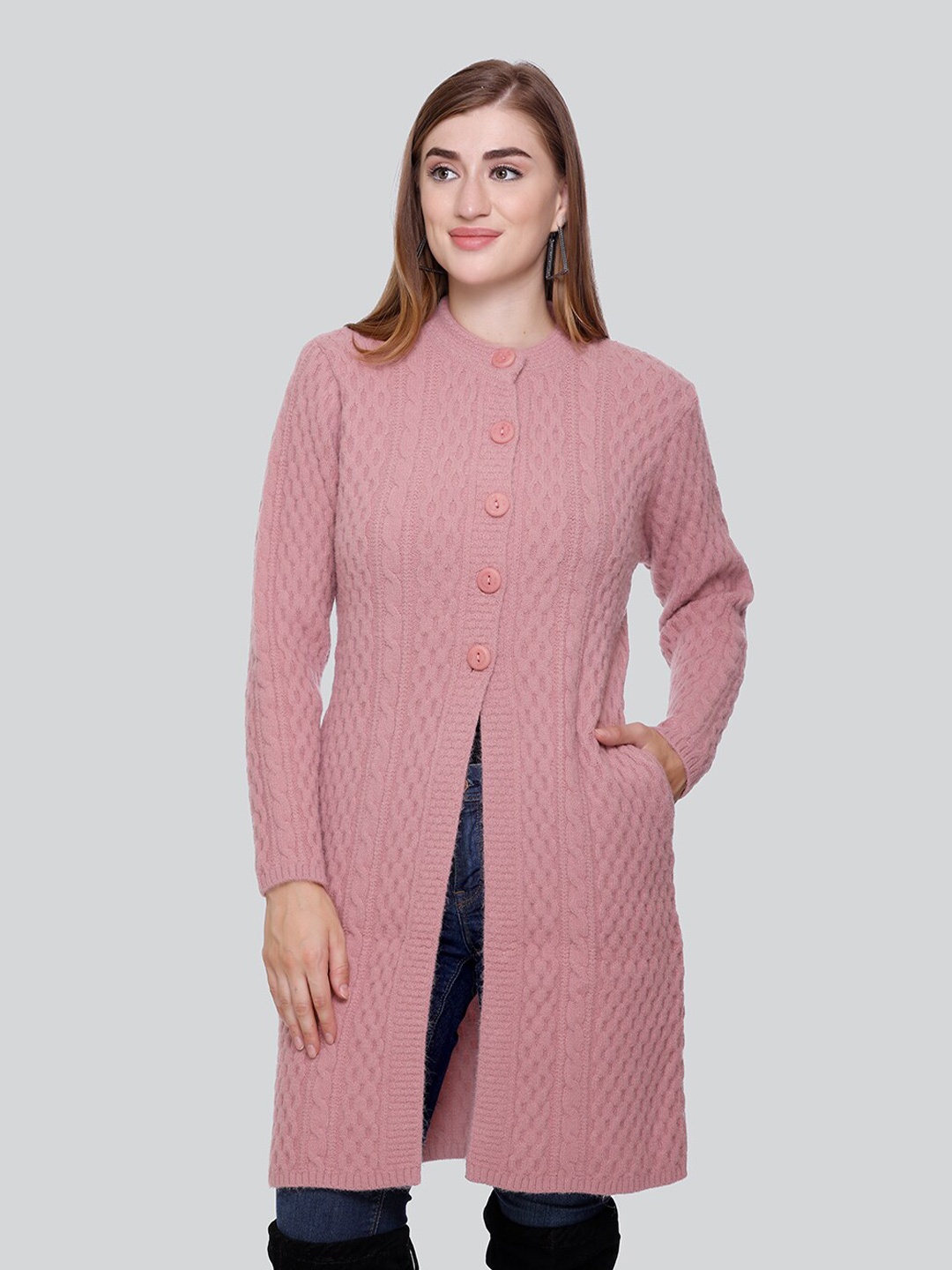 

Winter Wonders Cable Knit Self Design Woollen Longline Cardigan, Pink