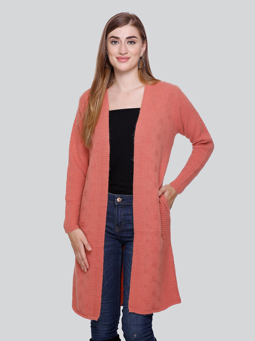 

Winter Wonders Open Knit Woollen Longline Cardigan, Orange
