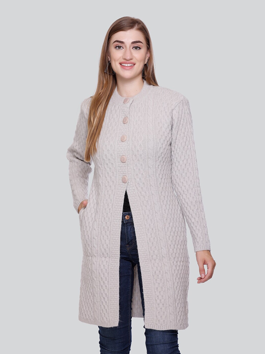 

Winter Wonders Cable Knit Woollen Longline Cardigan, Grey