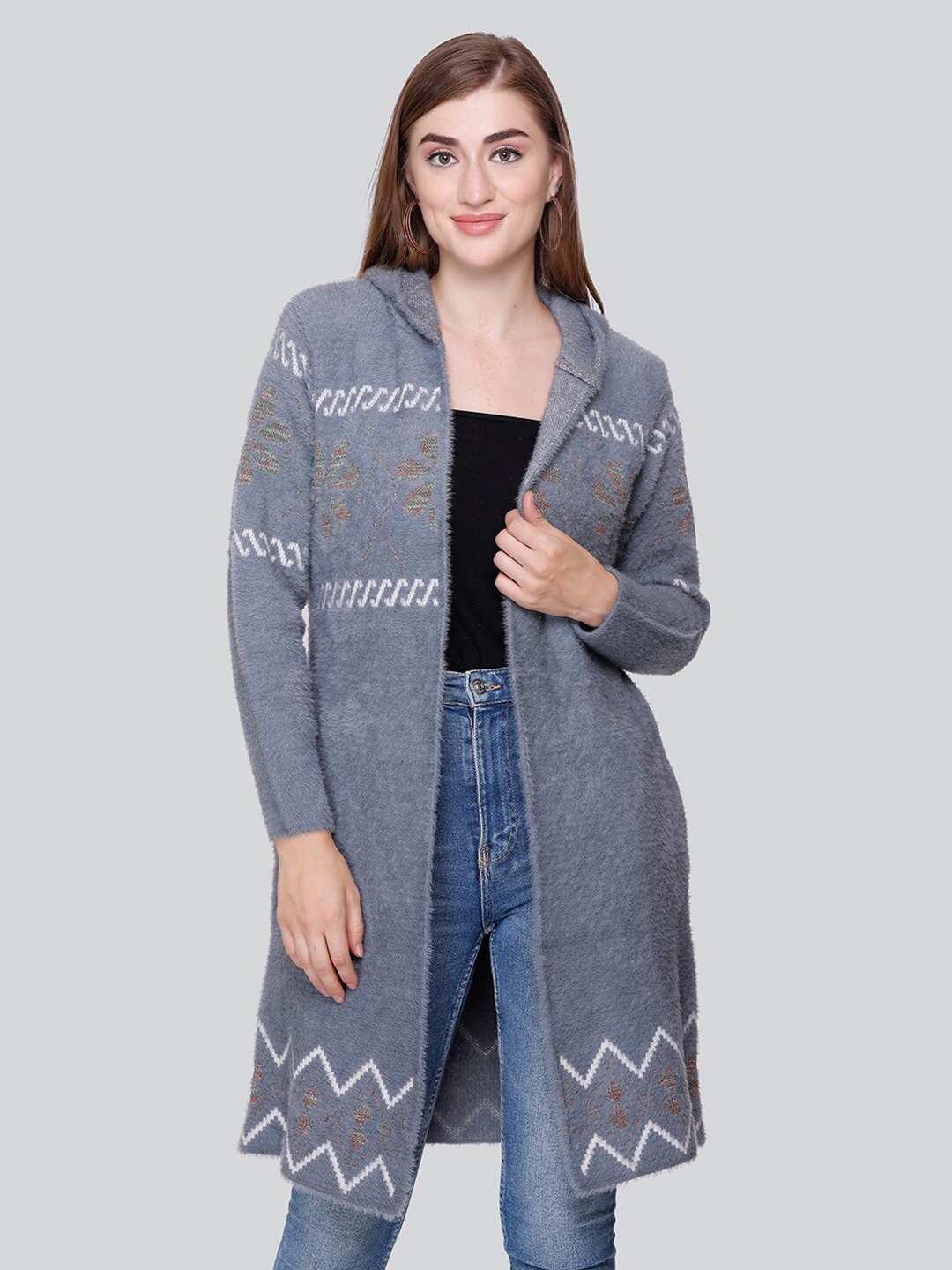 

Winter Wonders Printed Knitted Woollen Longline Open Front Shrug, Grey