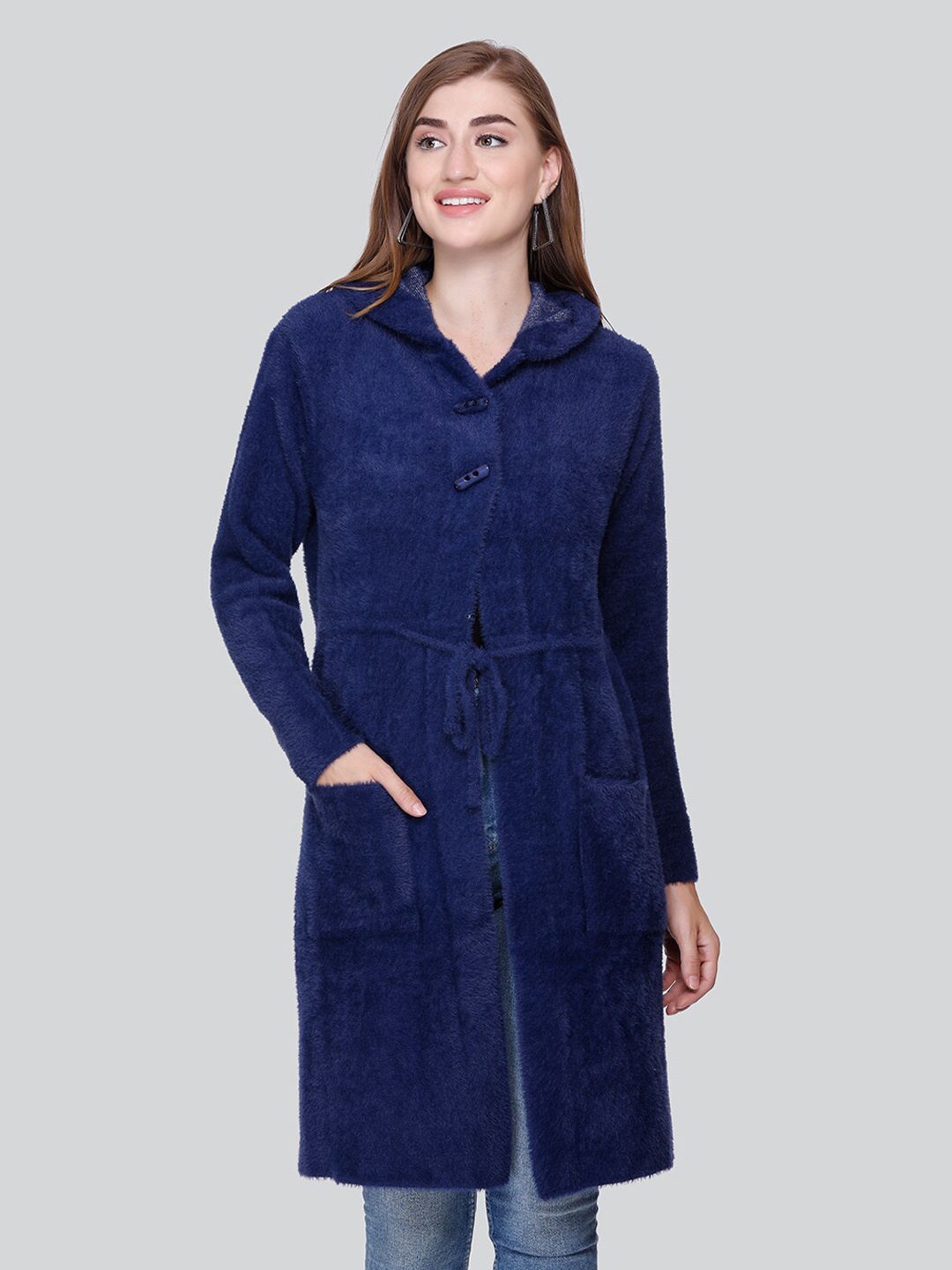 

Winter Wonders Hooded Woollen Longline Cardigan, Blue