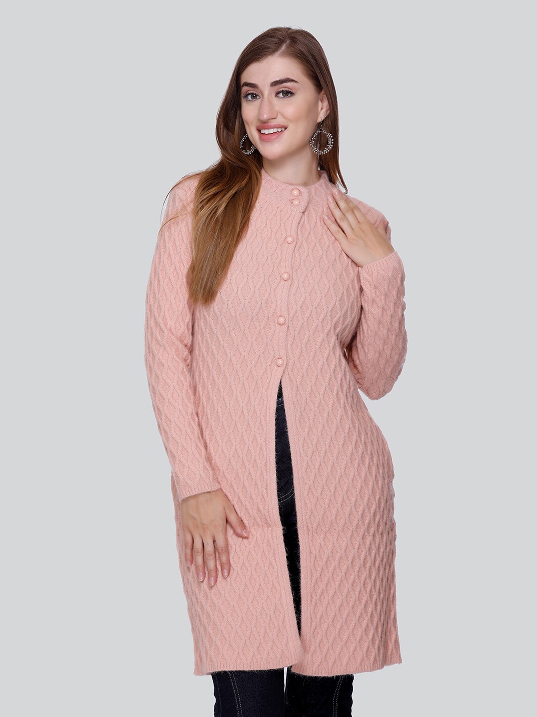 

Winter Wonders Cable Knit Self Design Woollen Longline Cardigan, Peach