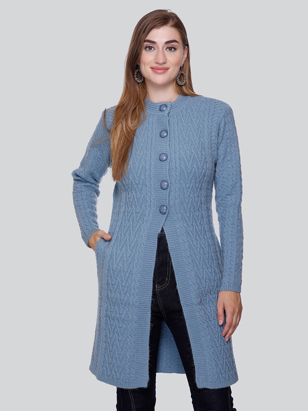 

Winter Wonders Cable Knit Self Design Woollen Longline Cardigan, Blue