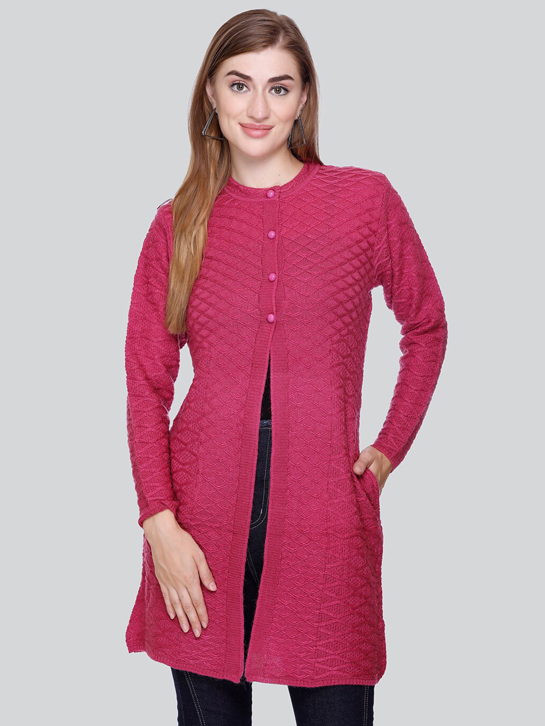 

Winter Wonders Self Design Quirky Woollen Longline Cardigan Sweaters, Purple