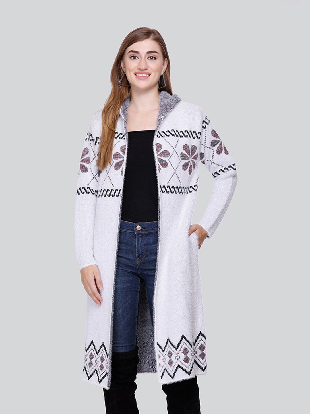 

Winter Wonders Printed Longline Knitted Woolen Shrug, White