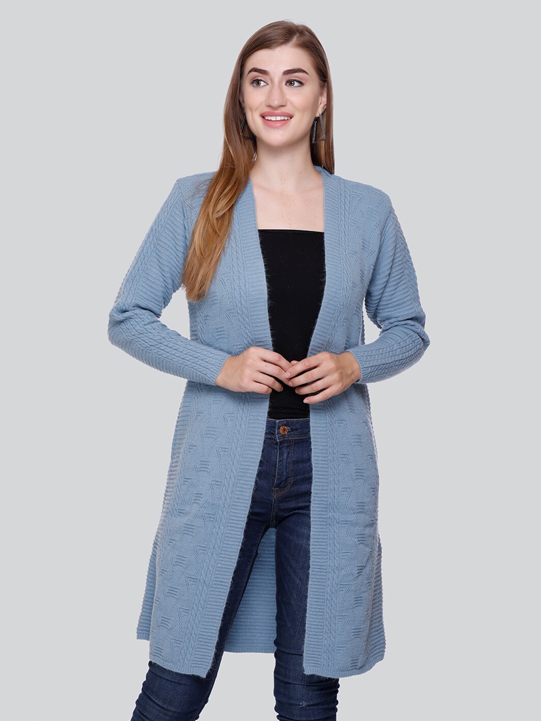 

Winter Wonders Self Design Woollen Longline Open Front Shrug, Blue