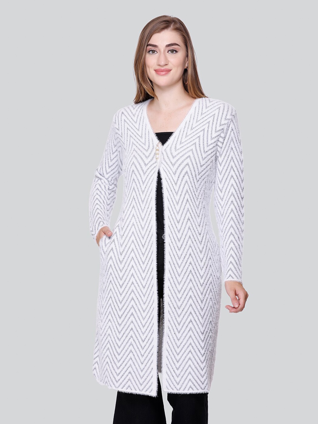 

Winter Wonders Geometric Self Design Woollen Longline Cardigan Sweater, White