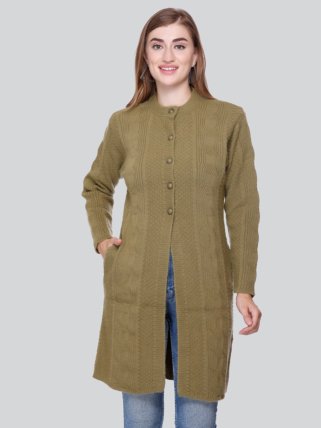 

Winter Wonders Cable Knit Self Design Woollen Longline Cardigan Sweater, Khaki