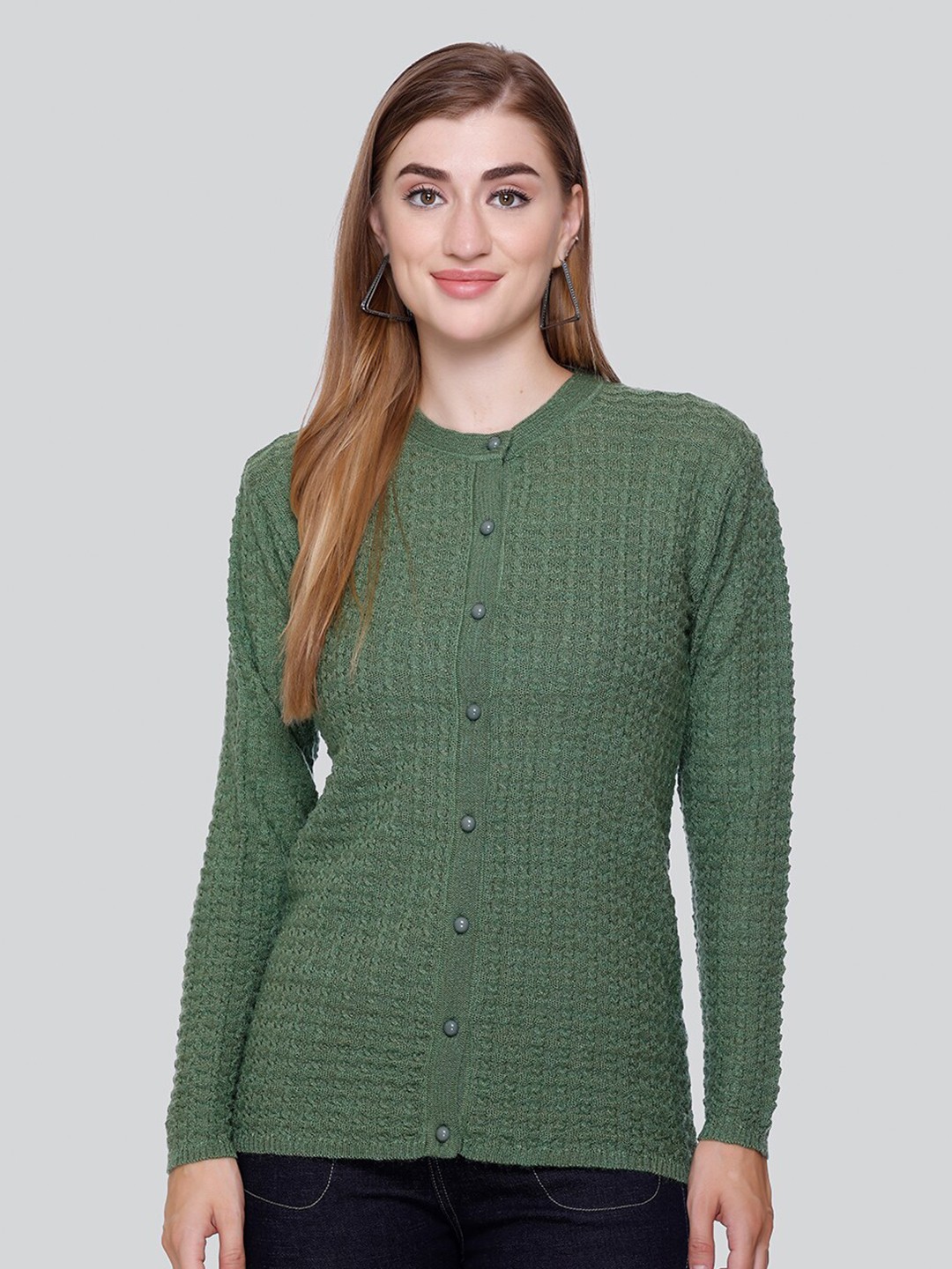 

Winter Wonders Self Design Checked Woollen Cardigan Sweater, Green