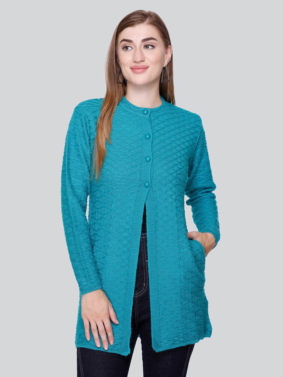 

Winter Wonders Cable Knit Self Design Woollen Longline Cardigan Sweater, Blue