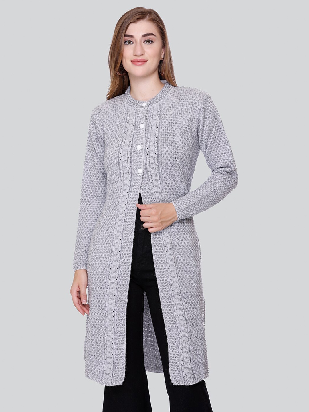 

Winter Wonders Cable Knit Self Design Woollen Longline Cardigan Sweater, Grey