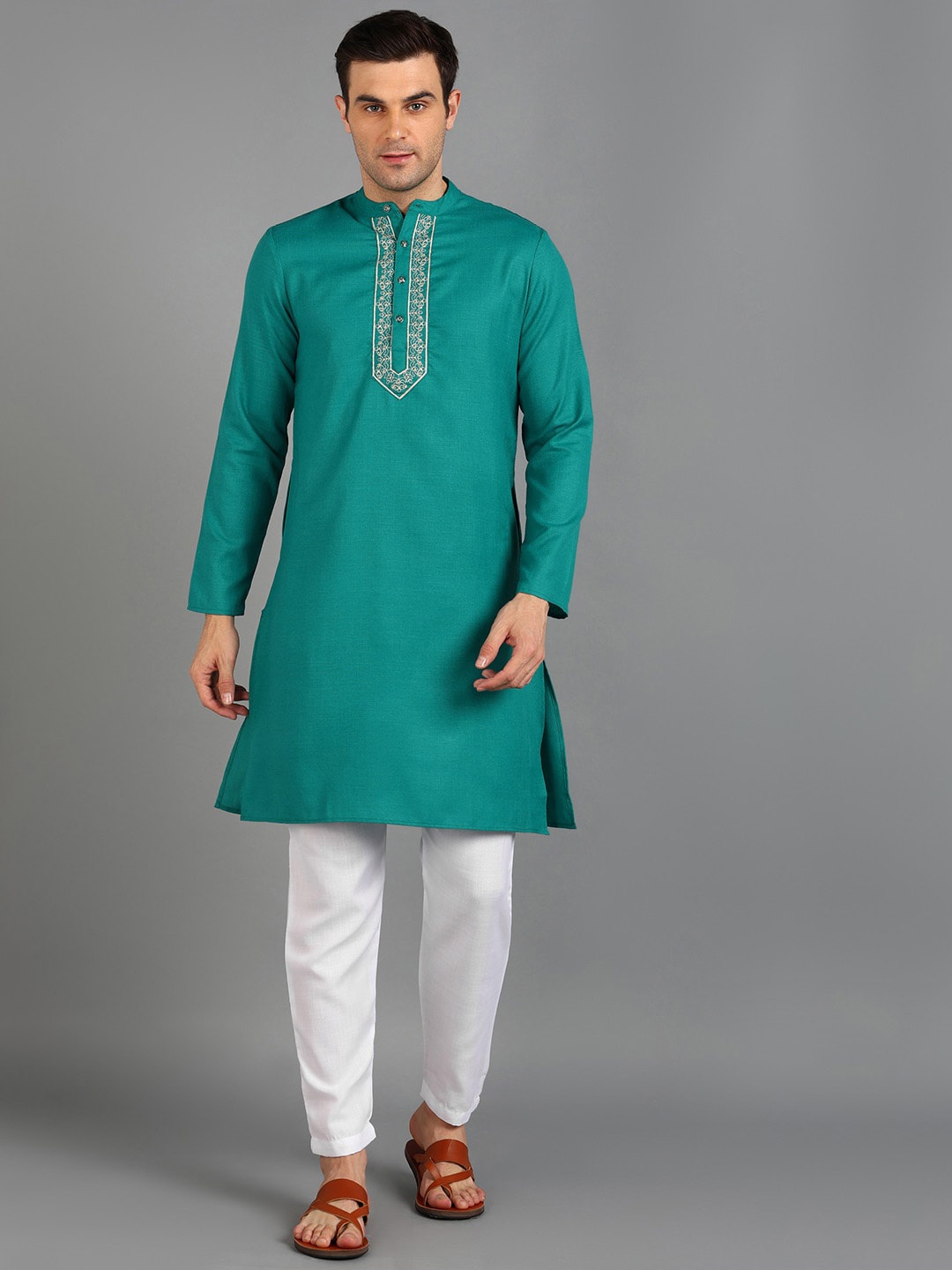 

HERE&NOW Men Cotton Regular Thread Work Kurta with Trousers, Teal