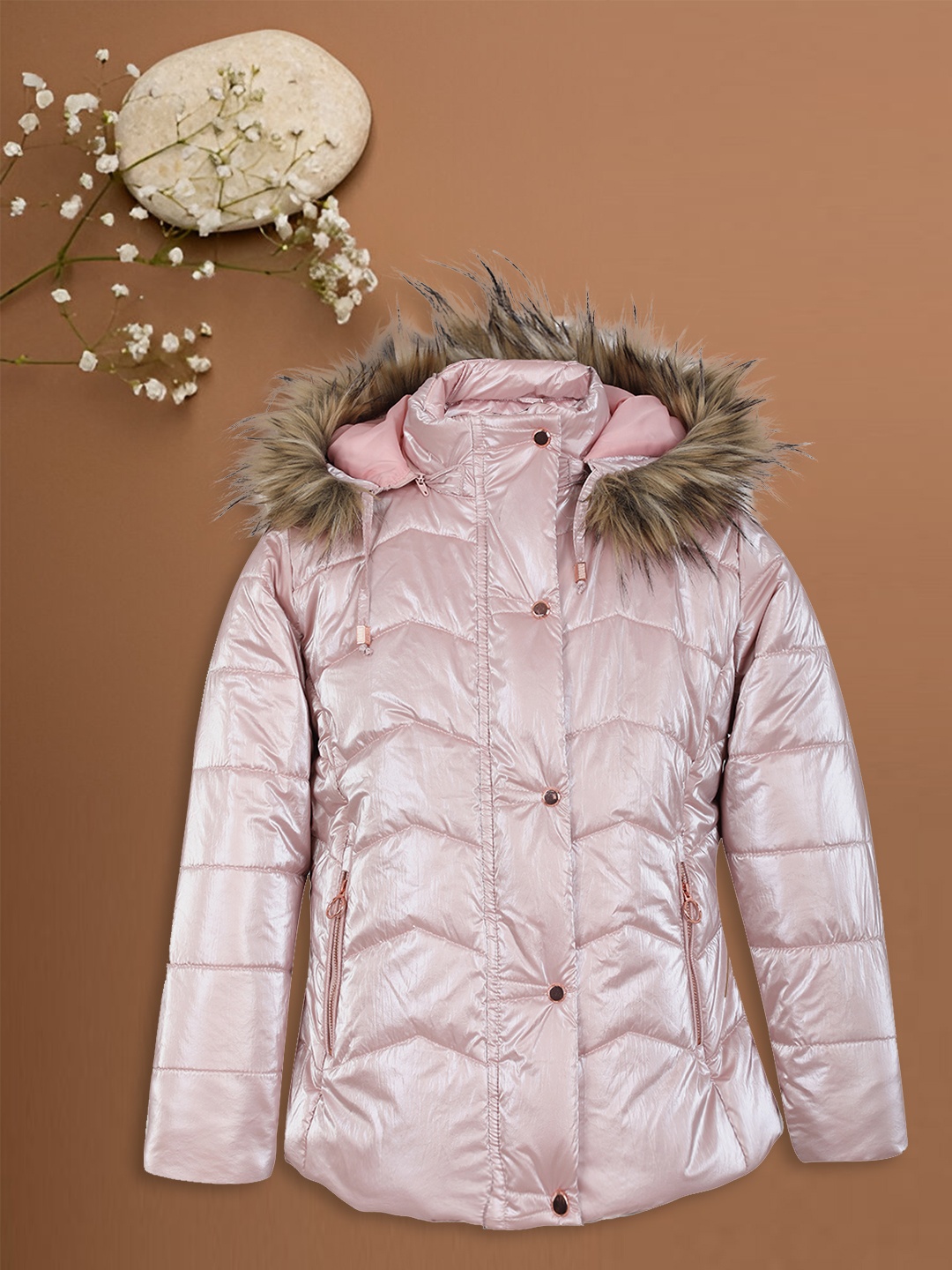 

LURE JUNIOR Girls Hooded Faux Fur Trim Parka Jacket, Pink