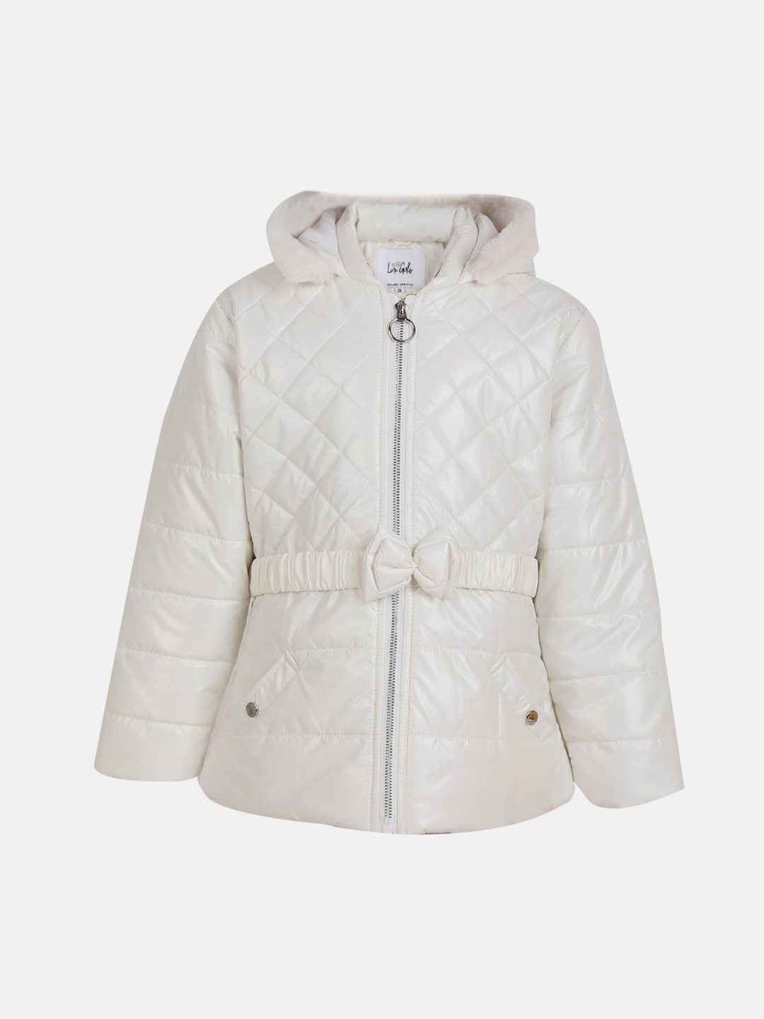 

LURE JUNIOR Girls Hooded Faux Leather Trim Quilted Jacket, White