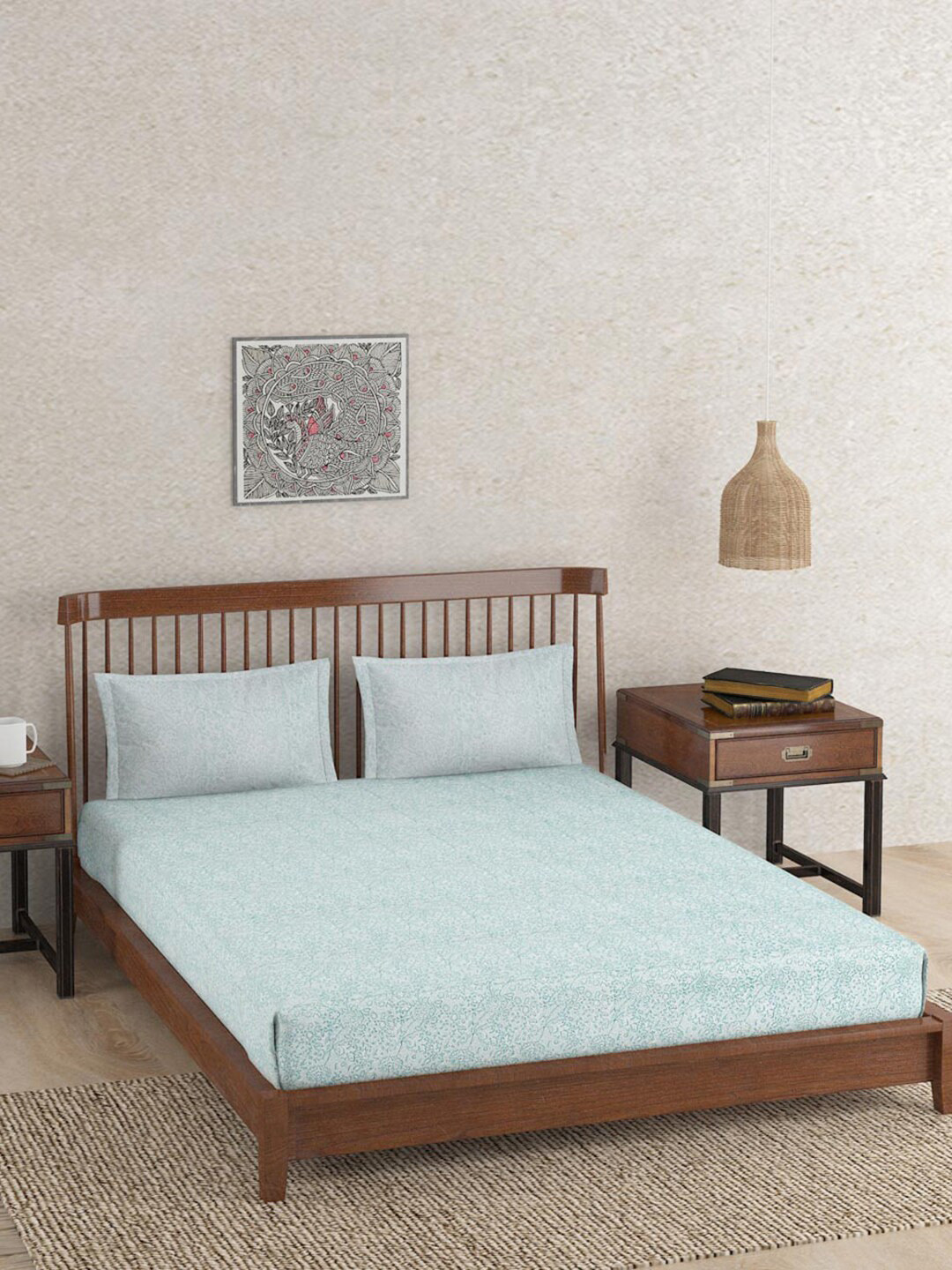 

Fabindia Teal Blue & White Floral Cotton 180 TC Queen Bedsheet With 3 Pillow Covers