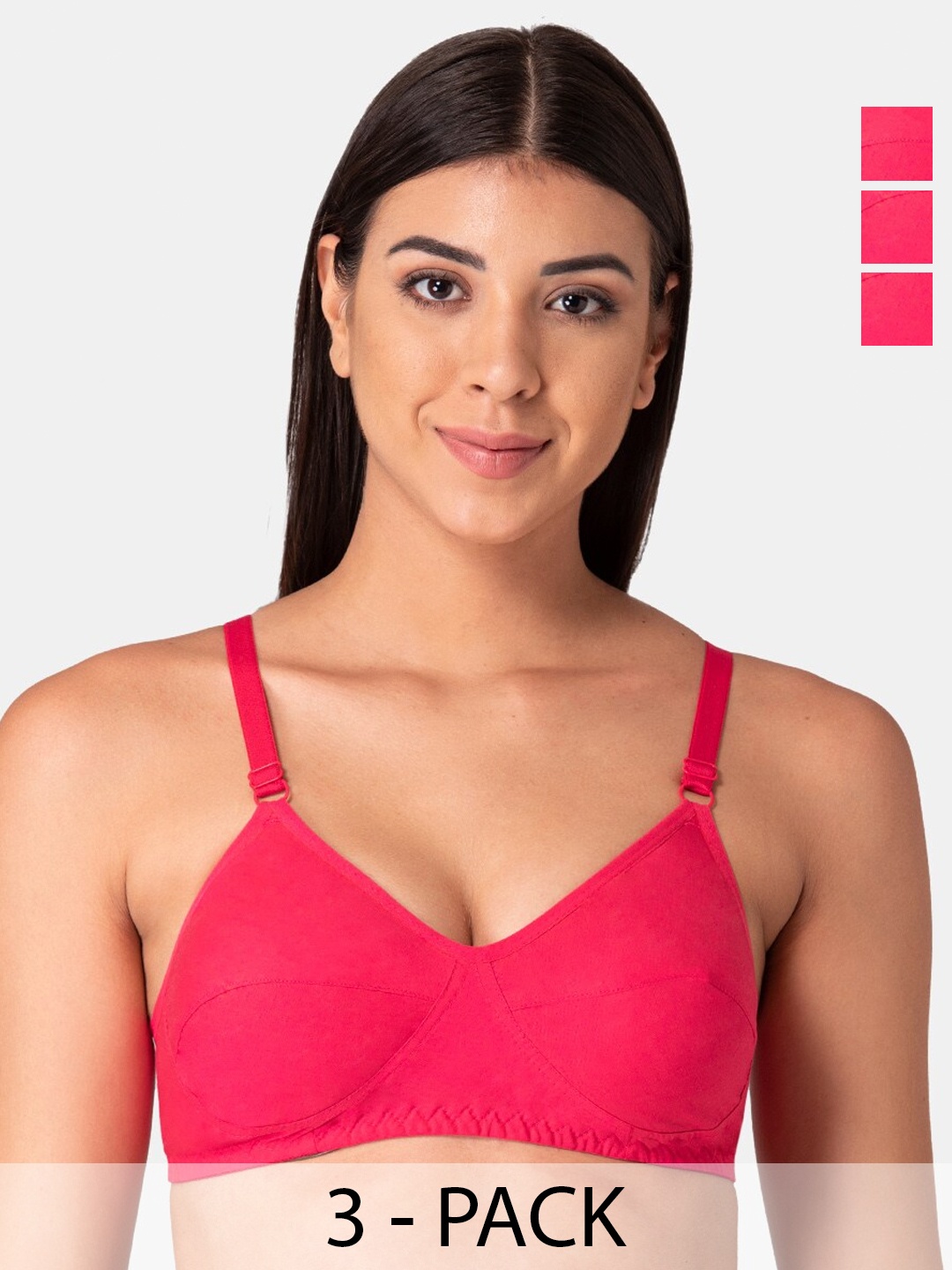 

KOMLI Pack Of 3 Full Coverage All Day Comfort Super Support Cotton Everyday Bra, Pink