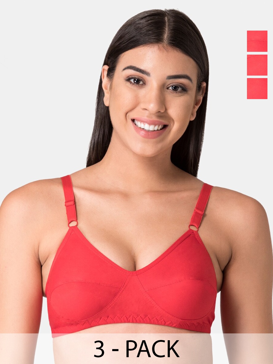 

KOMLI Pack Of 3 Full Coverage Everyday Pure Cotton Bra - All Day Comfort, Red