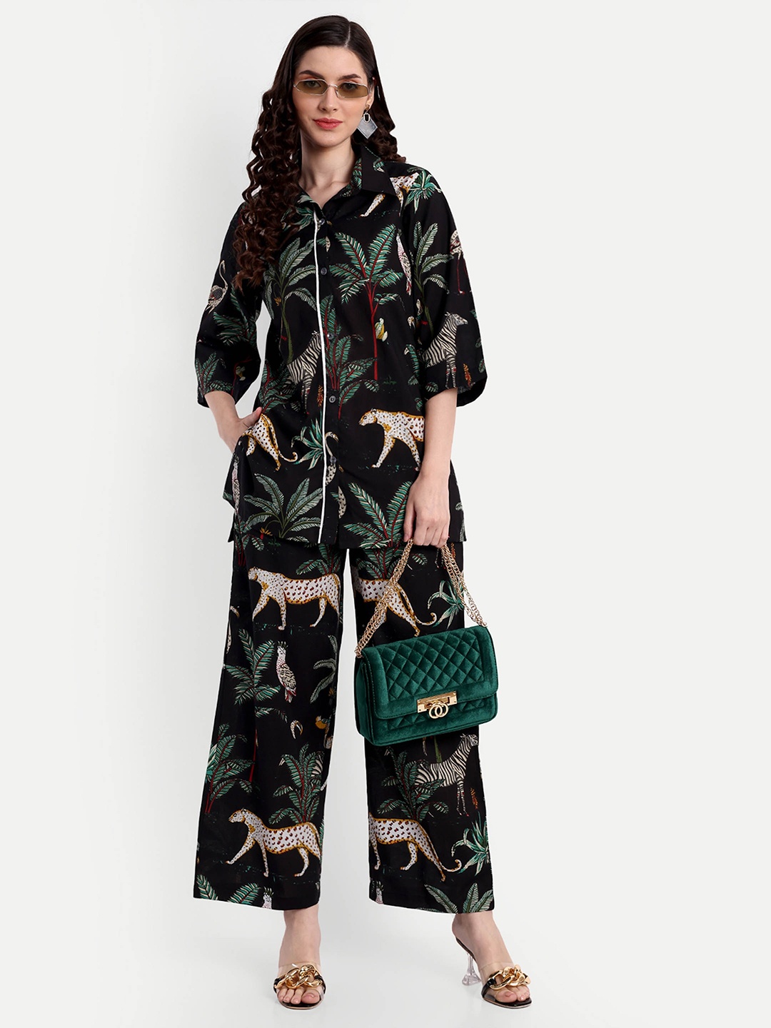 

githaan Tropical Printed Shirt Collar Flared Sleeves Pure Cotton Shirt & Palazzos, Black