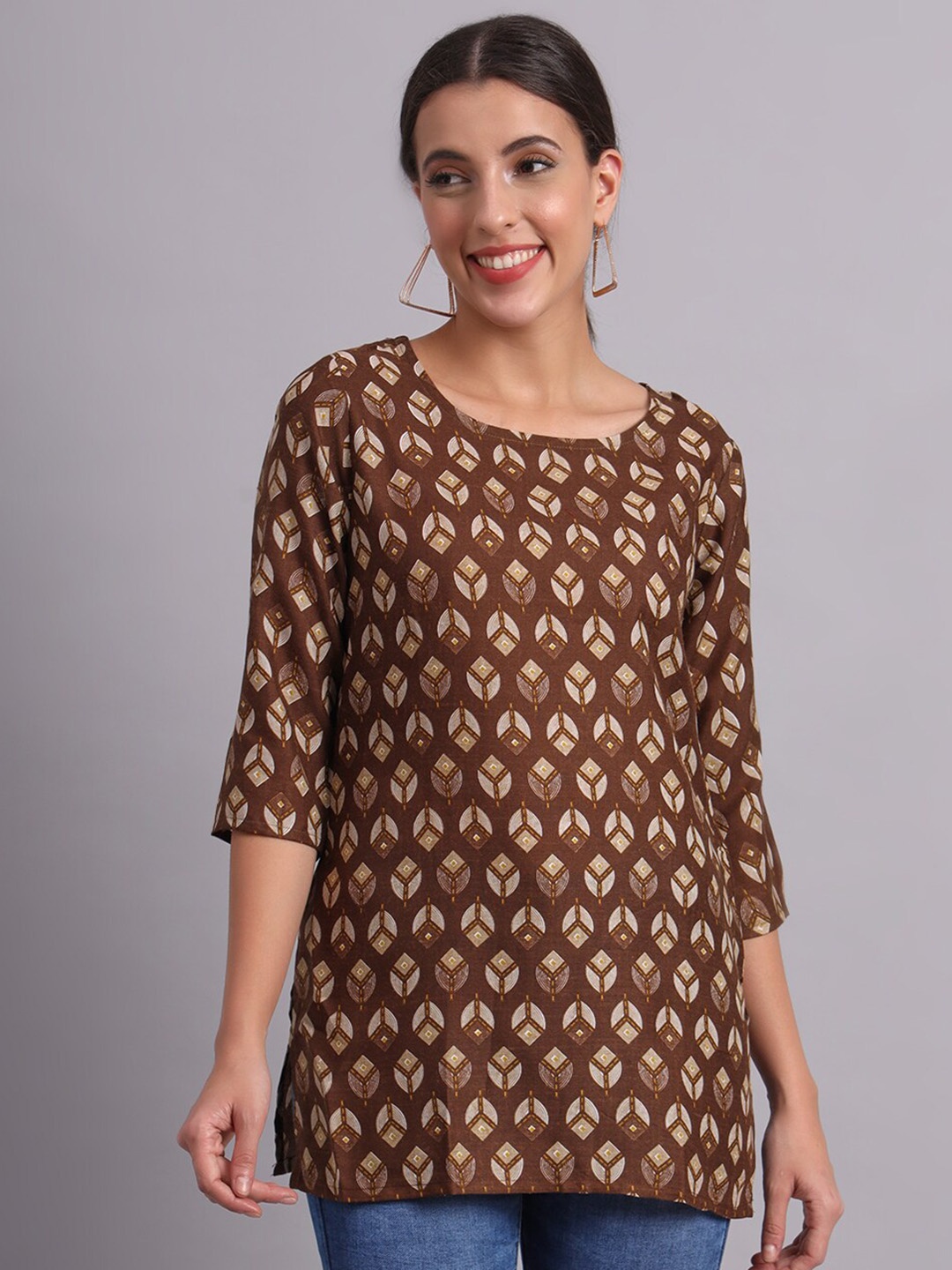

Kiwie Ethnic Motifs Printed Pure Cotton Kurti, Coffee brown