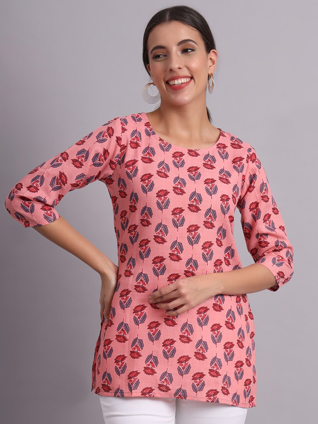 

Kiwie Floral Printed Round Neck Kurti, Pink