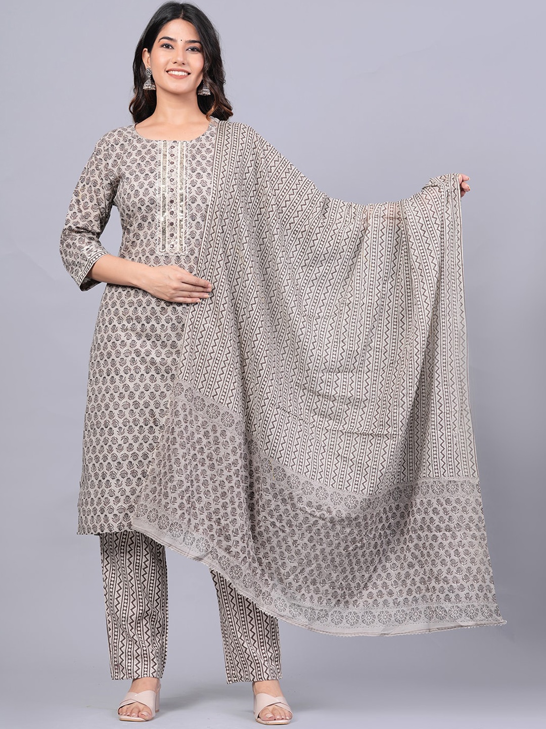 

KALINI Ethnic Motifs Printed Regular Pure Cotton Kurta With Trousers & Dupatta, Grey melange