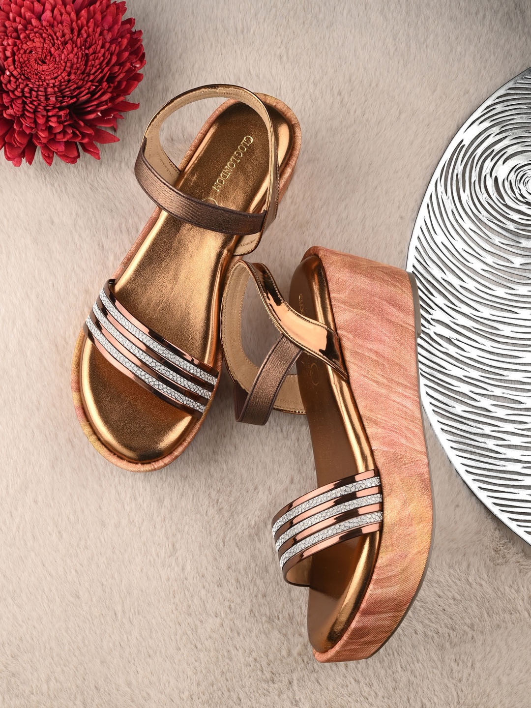 

CLOG LONDON Striped Open Toe Wedges With Backstrap, Copper