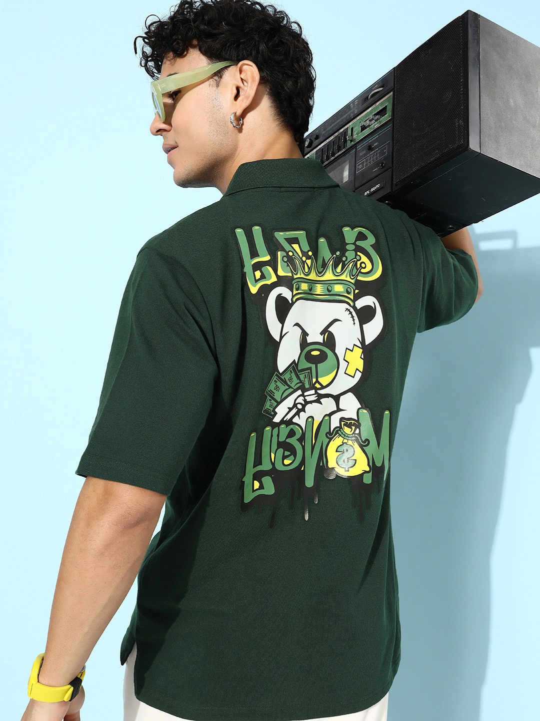 

FREE SOCIETY Men Printed Polo Collar Oversized Pure Cotton T-shirt, Green