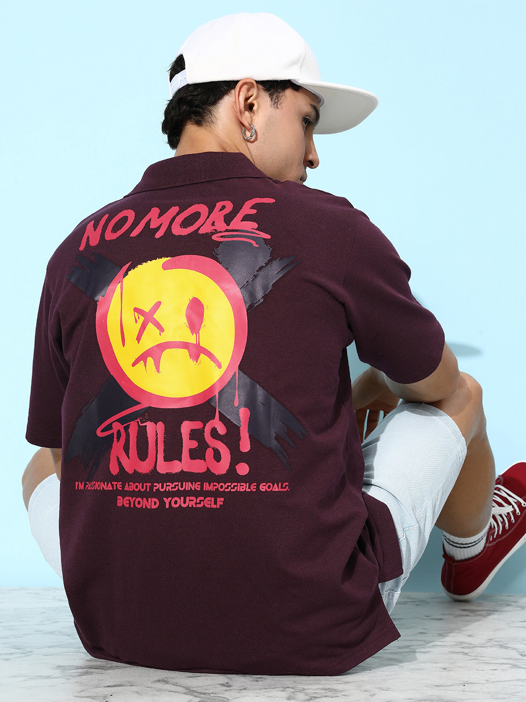 

FREE SOCIETY Men Printed Polo Collar Pure Cotton T-shirt, Maroon