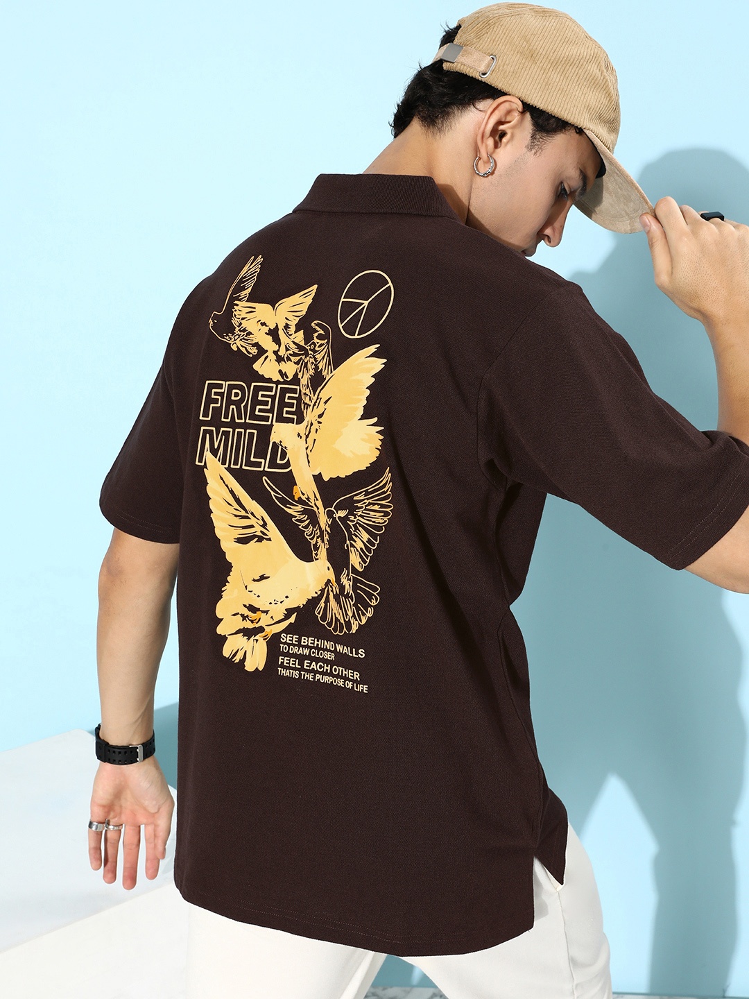 

FREE SOCIETY Men Printed Polo Collar Pure Cotton T-shirt, Brown