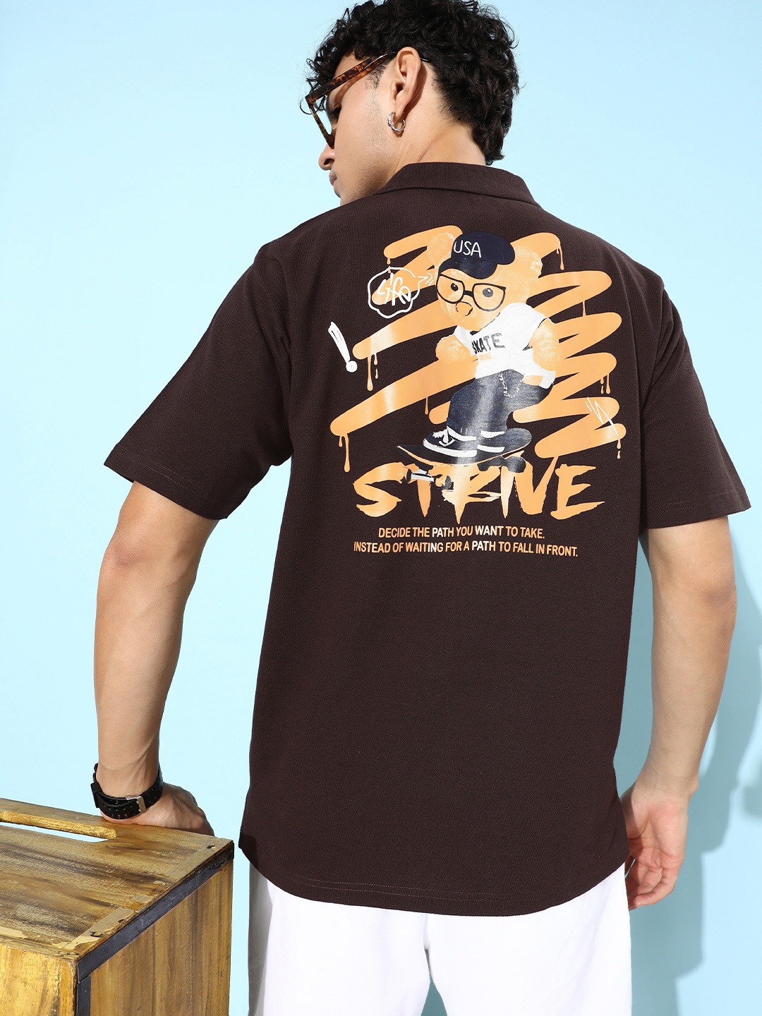 

FREE SOCIETY Men Printed Polo Collar Oversized Pure Cotton T-shirt, Brown