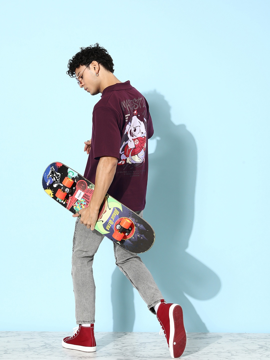 

FREE SOCIETY Men Printed Polo Collar Oversized Pure Cotton T-shirt, Maroon