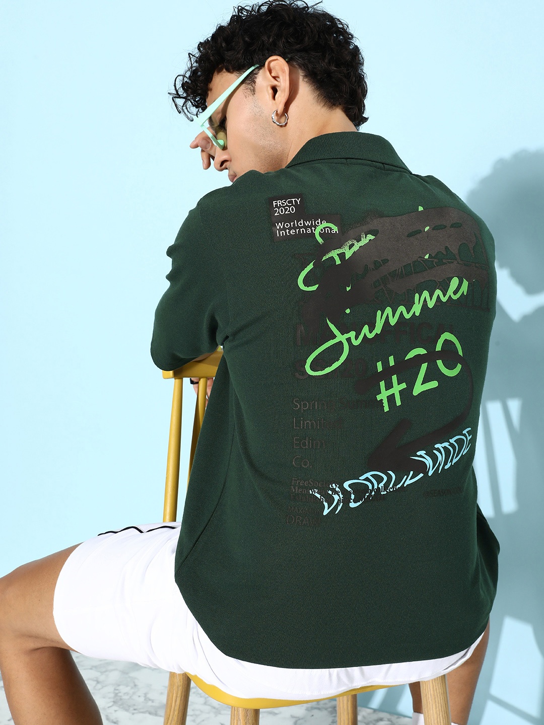 

FREE SOCIETY Men Typography Printed Polo Collar Oversized Pure Cotton T-shirt, Green