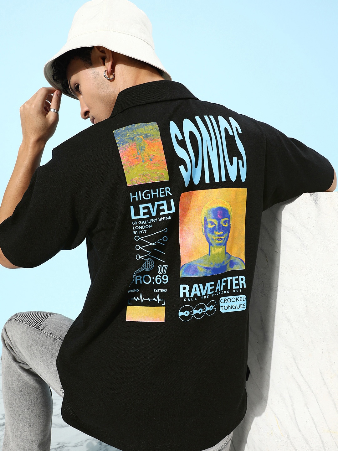 

FREE SOCIETY Men Printed Polo Collar Oversized Pure Cotton T-shirt, Black
