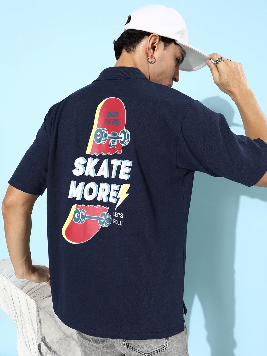 

FREE SOCIETY Men Printed Polo Collar Oversized Pure Cotton T-shirt, Navy blue