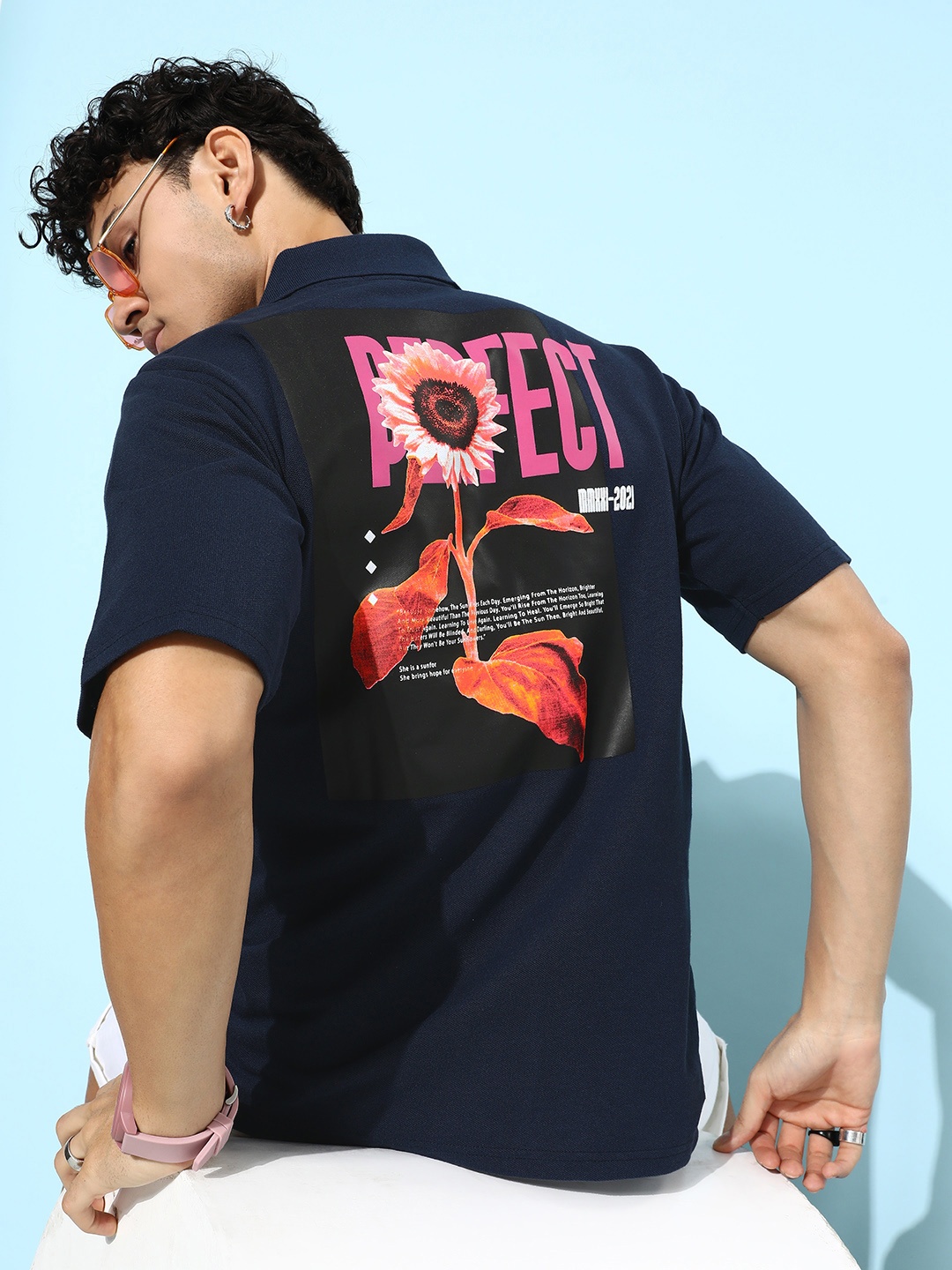 

FREE SOCIETY Men Printed Polo Collar Oversized Pure Cotton T-shirt, Navy blue
