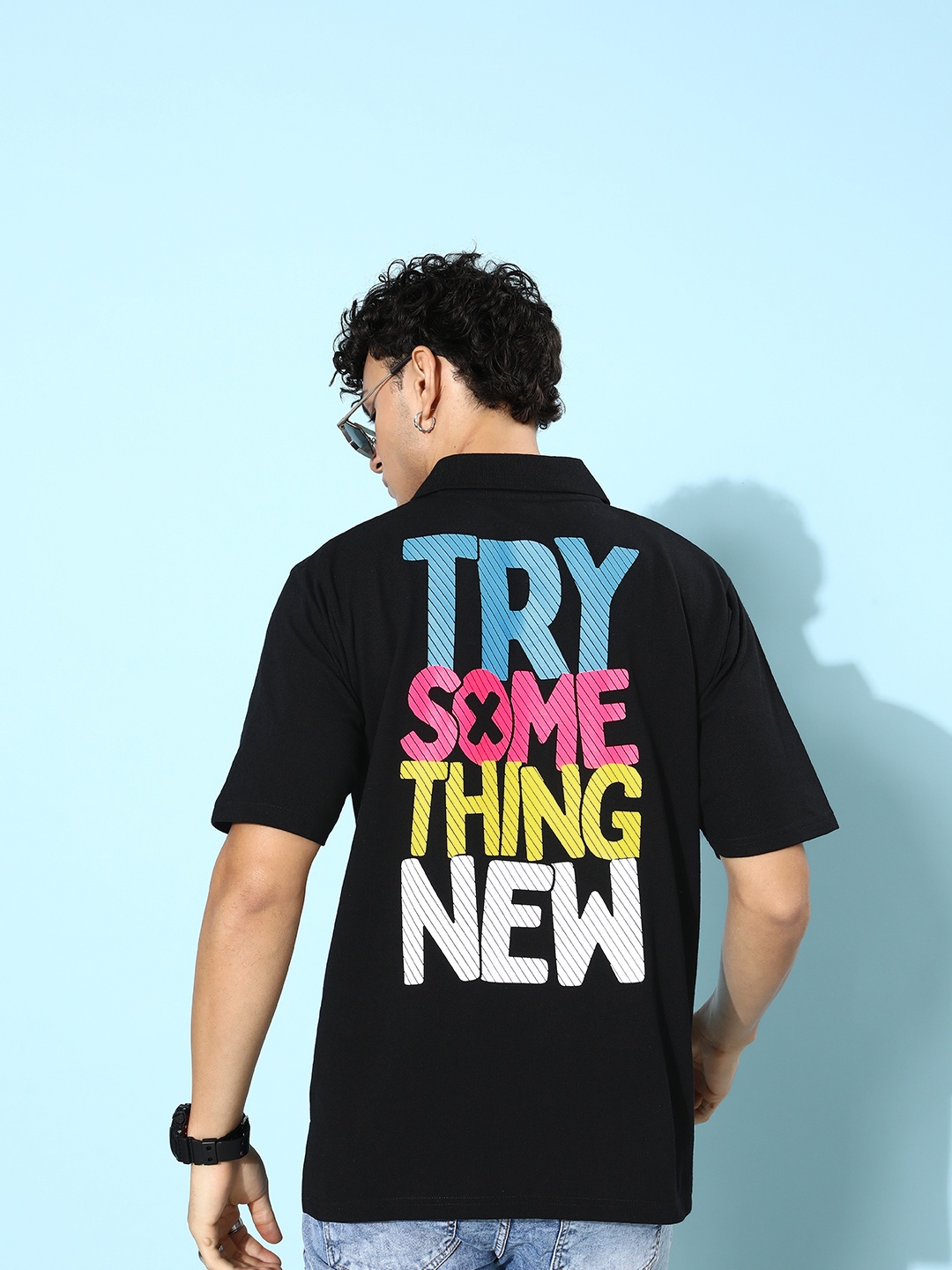 

FREE SOCIETY Men Typography Printed Polo Collar Pure Cotton T-shirt, Black