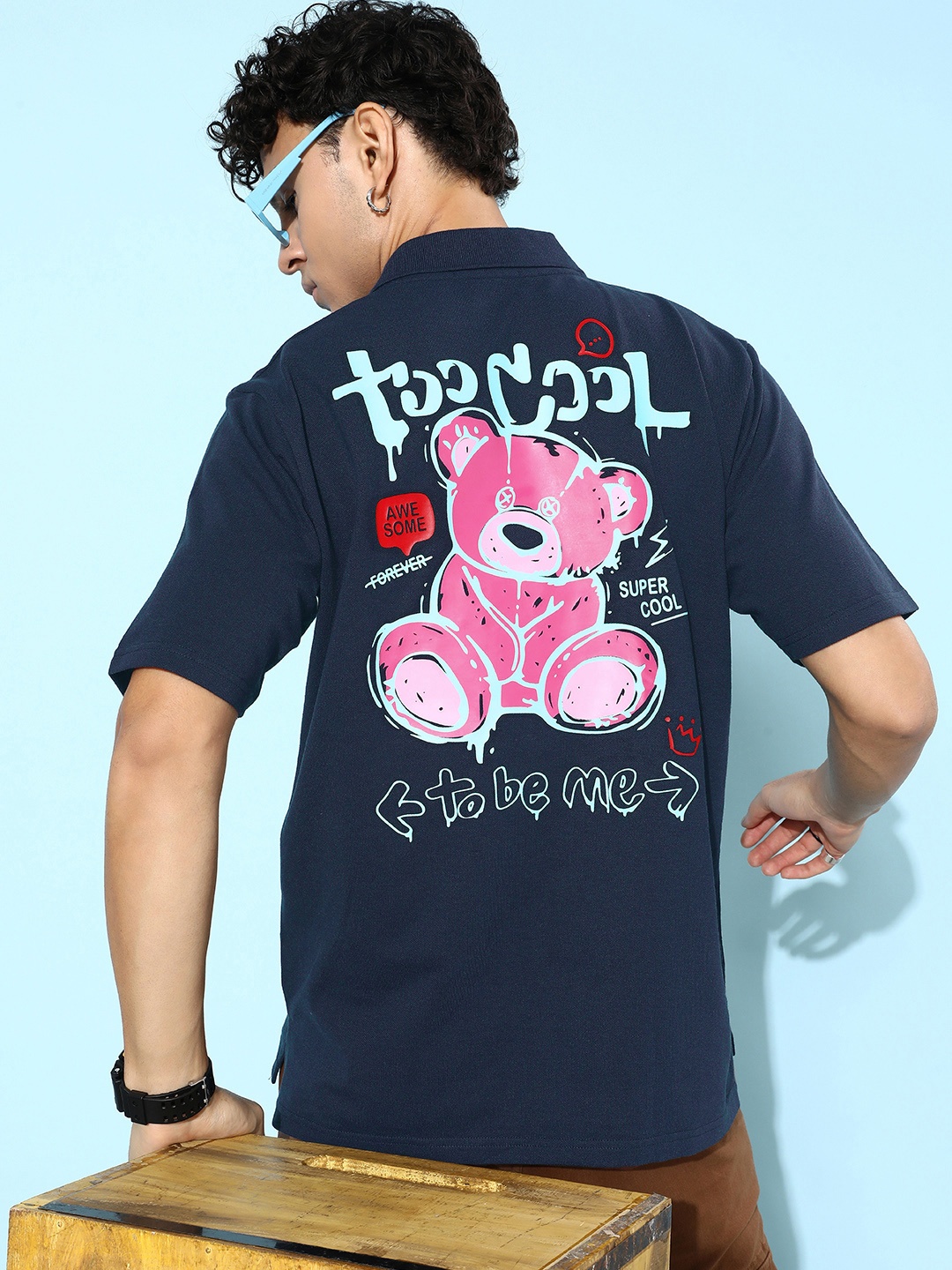 

FREE SOCIETY Men Printed Polo Collar Oversized Pure Cotton T-shirt, Navy blue