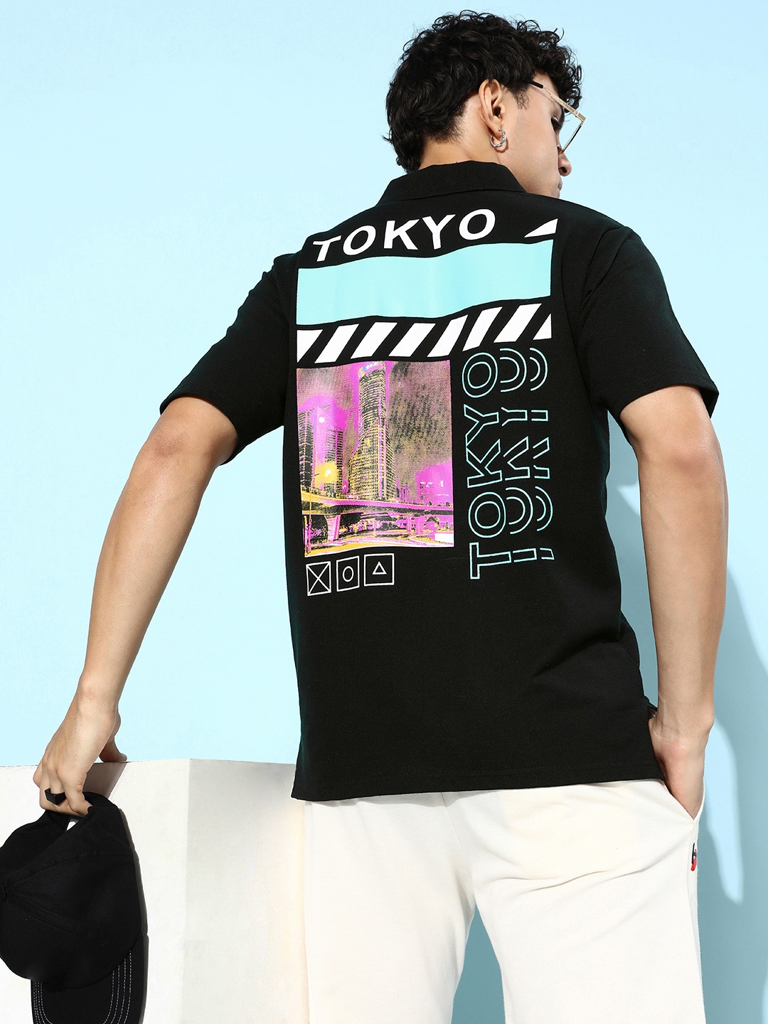 

FREE SOCIETY Men Printed Polo Collar Oversized Pure Cotton T-shirt, Black