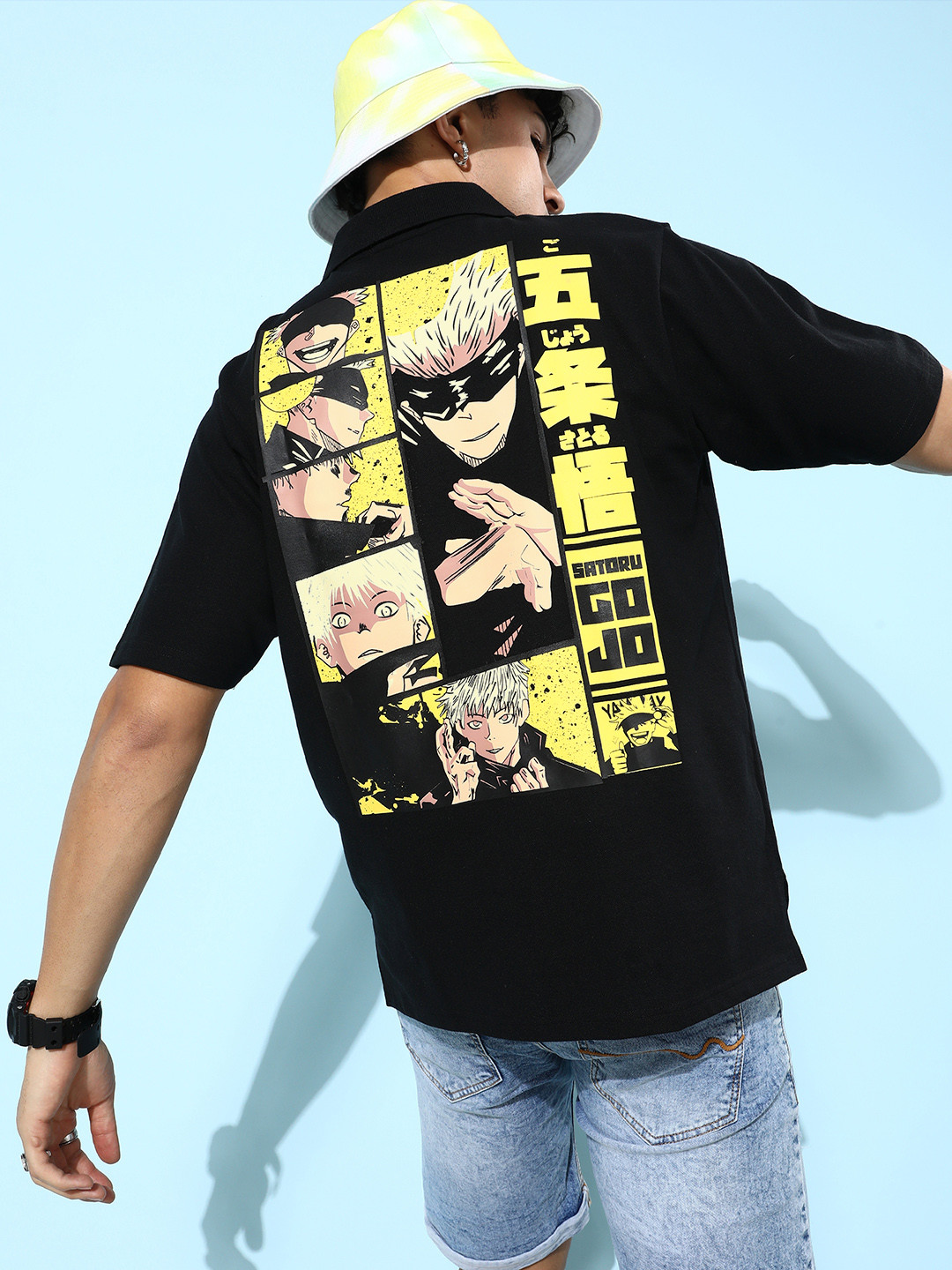 

FREE SOCIETY Men Gojo Satoru Printed Cotton Polo Collar T-shirt, Black