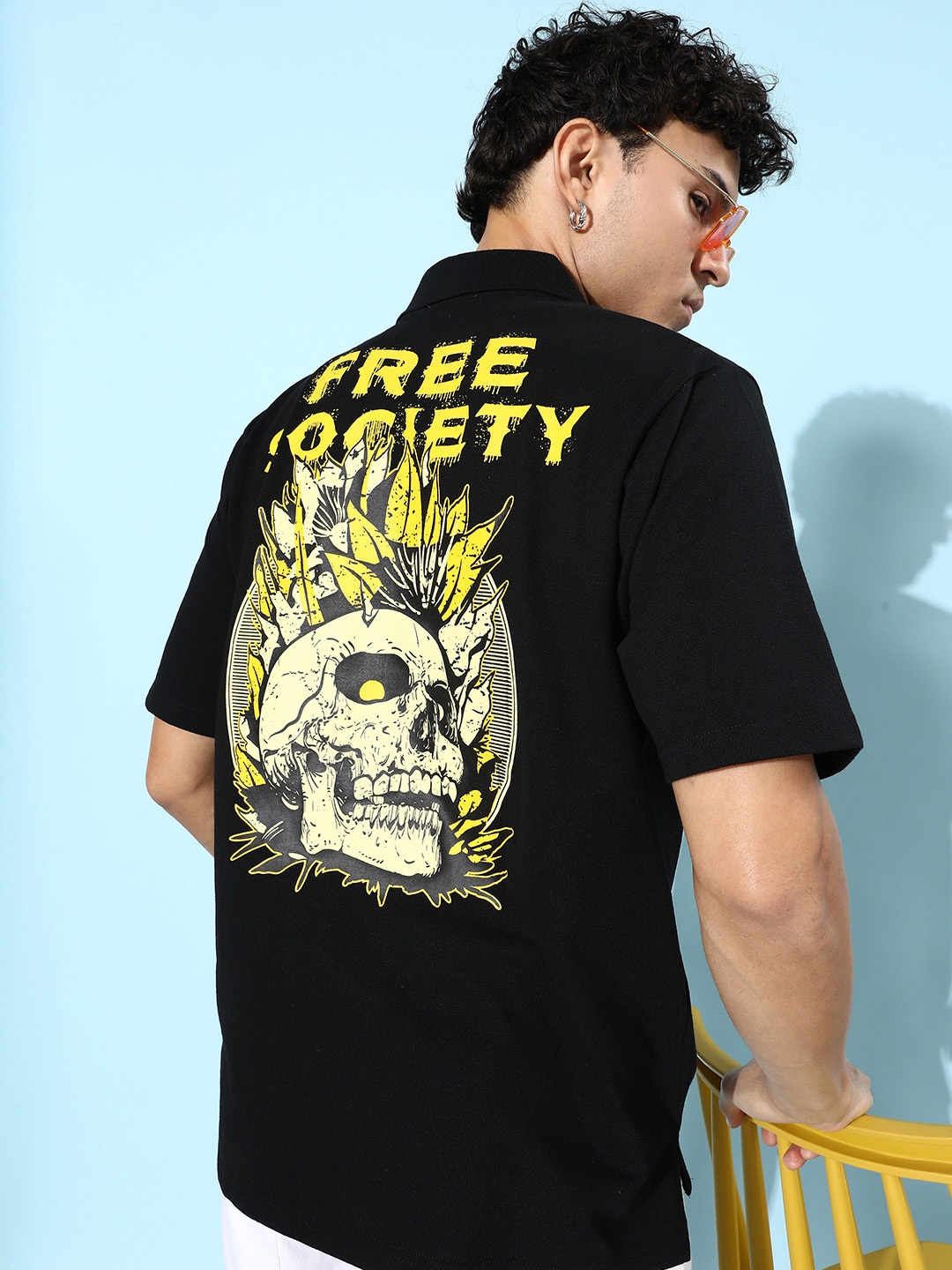 

FREE SOCIETY Men Printed Polo Collar Pure Cotton T-shirt, Black