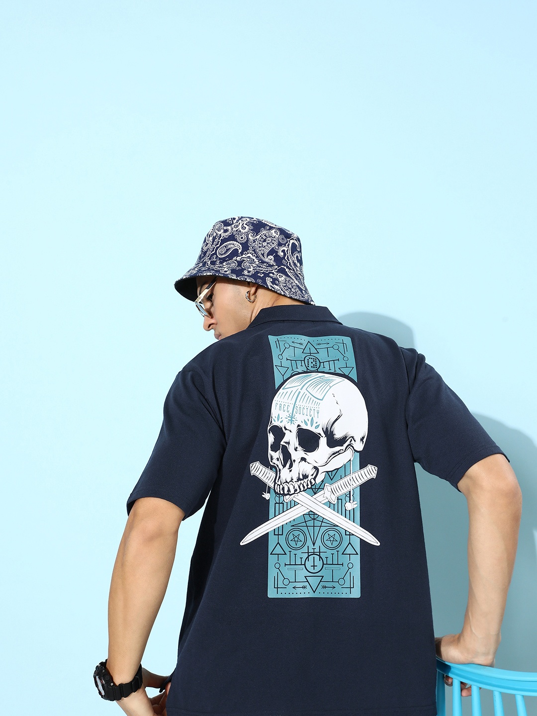 

FREE SOCIETY Men Printed Polo Collar Pure Cotton T-shirt, Navy blue