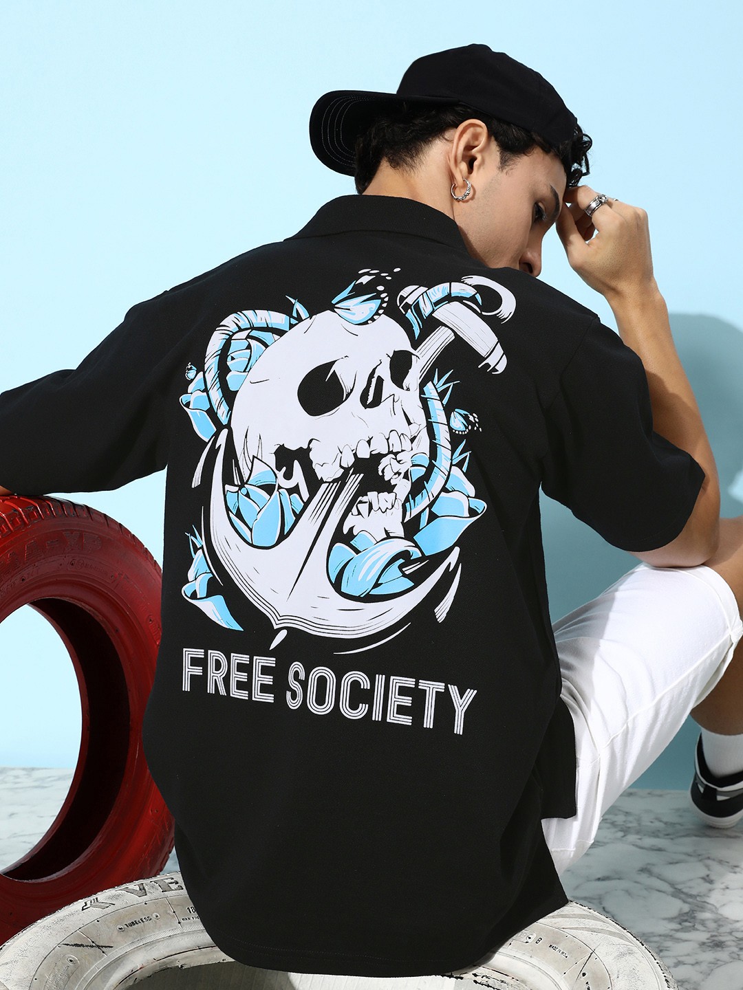

FREE SOCIETY Men Printed Polo Collar Oversized Pure Cotton T-shirt, Black