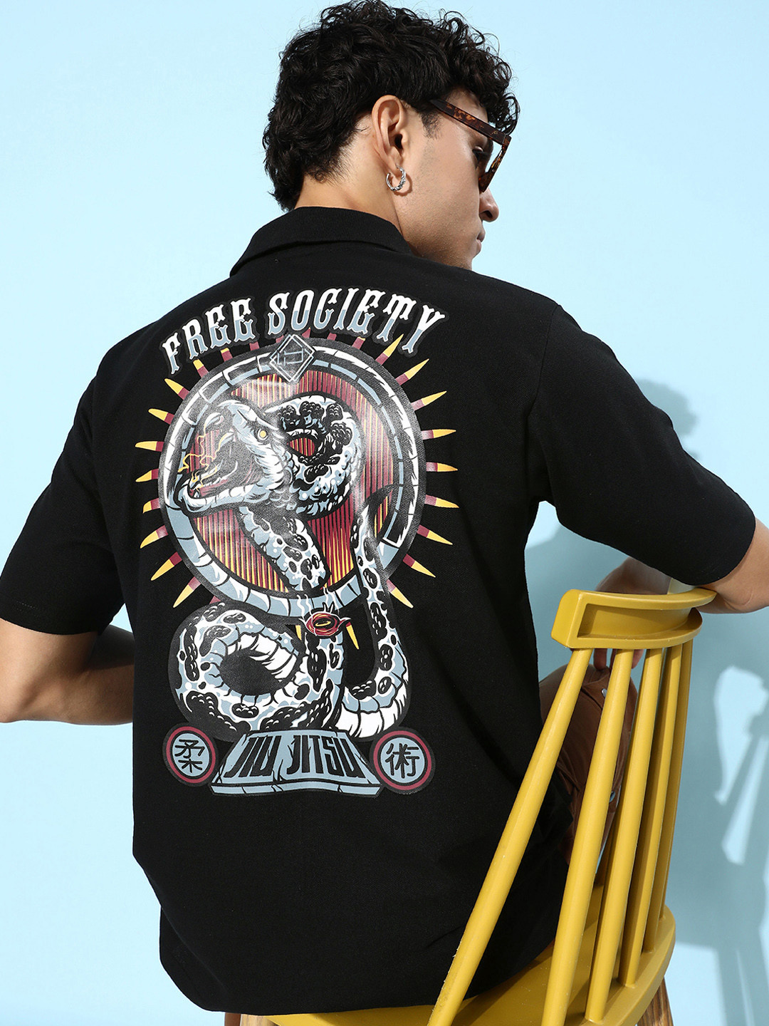 

FREE SOCIETY Men Printed Polo Collar Oversized Pure Cotton T-shirt, Black