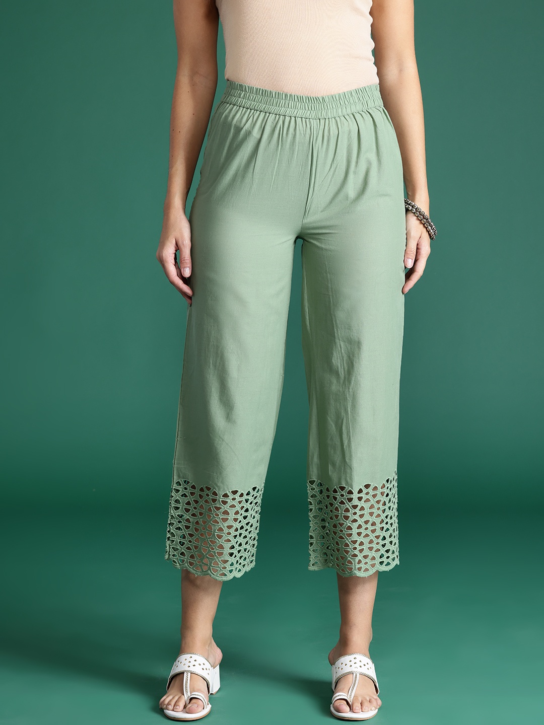 

Sangria Hem Design Cropped Pure Cotton Ethnic Palazzos, Green