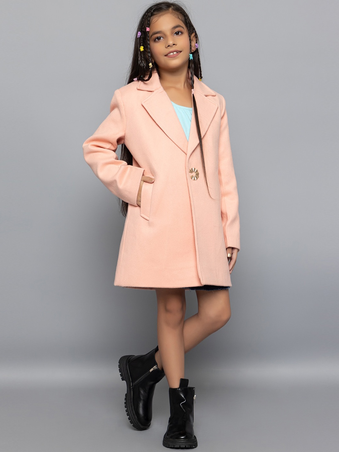 

CHKOKKO Girls Woolen Single-Breasted Overcoat, Peach
