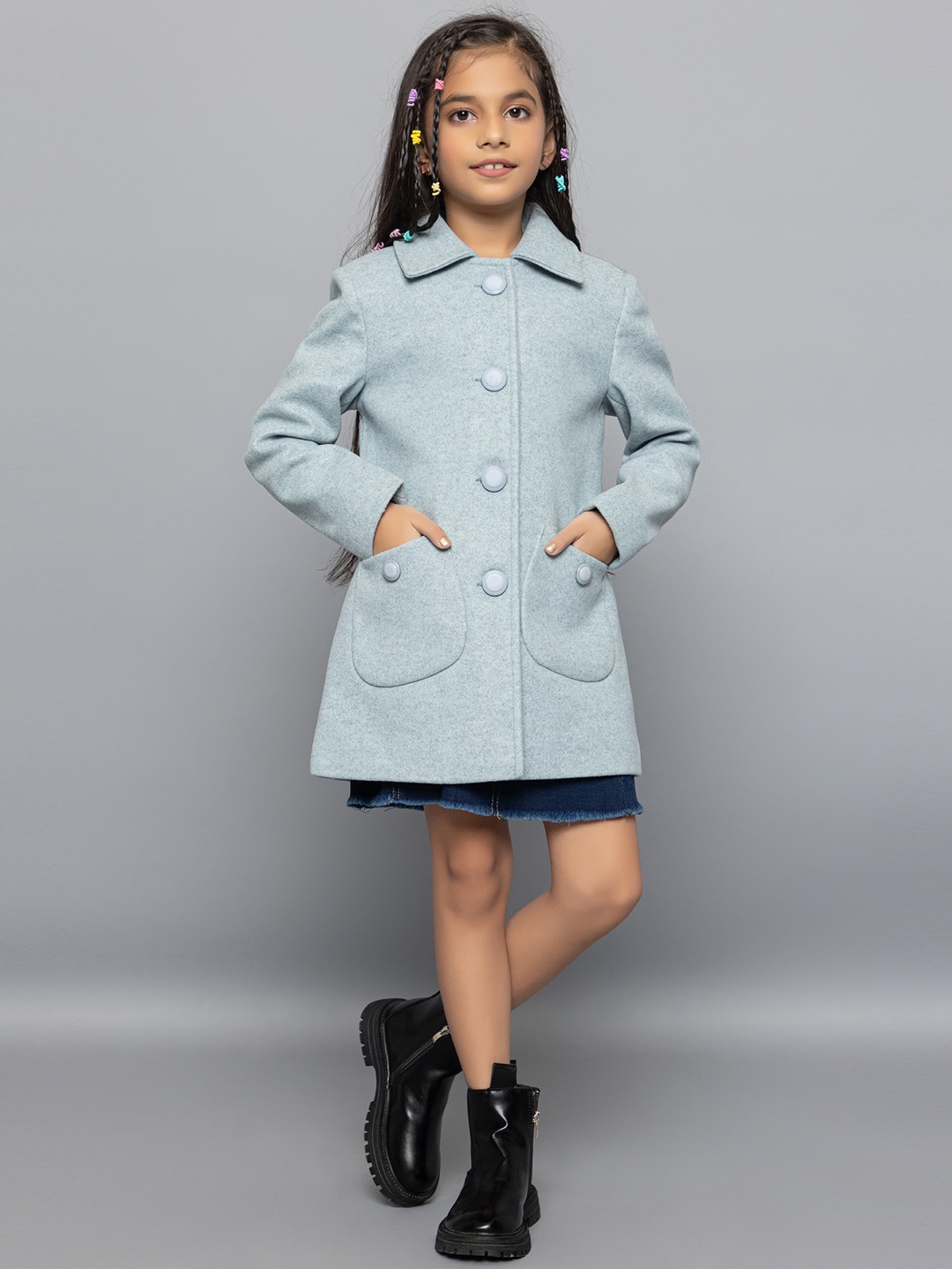 

CHKOKKO Girls Woollen Longline Overcoat, Blue