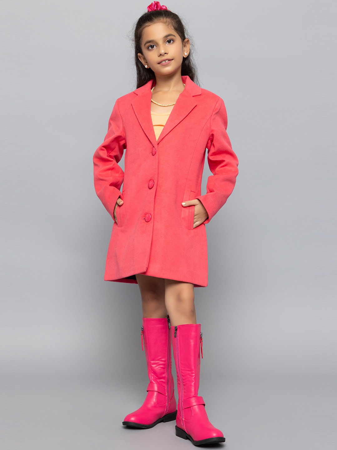 

CHKOKKO Girls Woollen Longline Overcoat, Pink