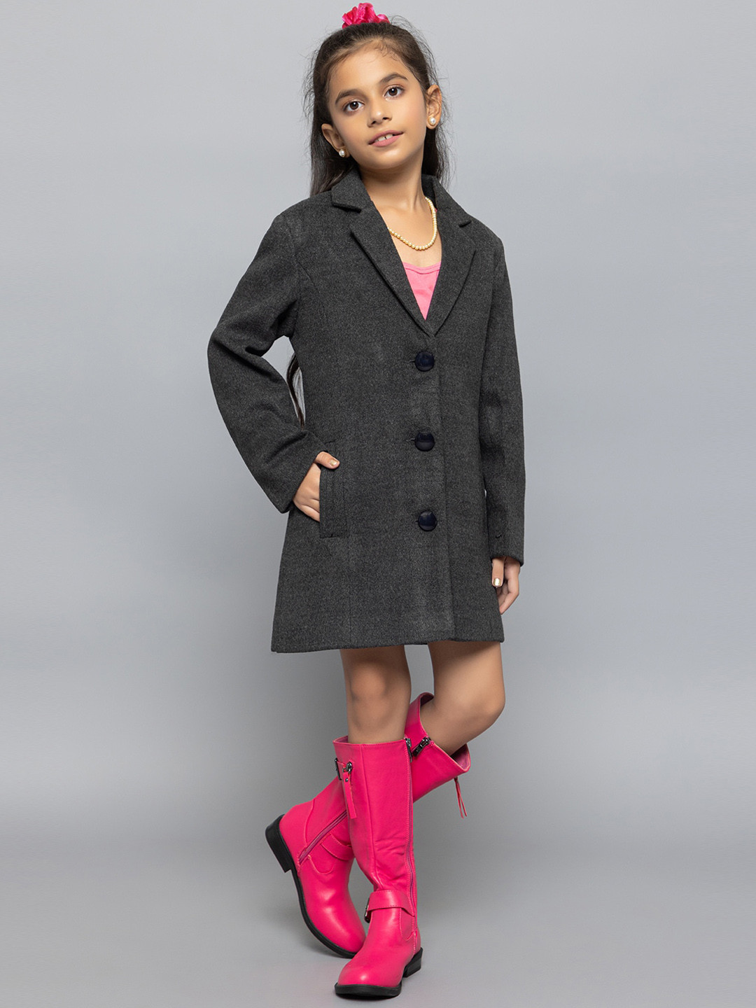 

CHKOKKO Girls Woollen Longline Overcoat, Grey